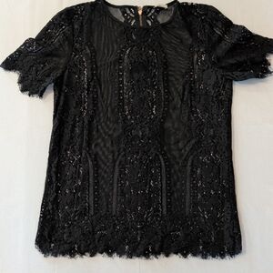 Black Lace Fairy Gothic Blouse with Gold Zipper Art Deco Small Fringe Detail